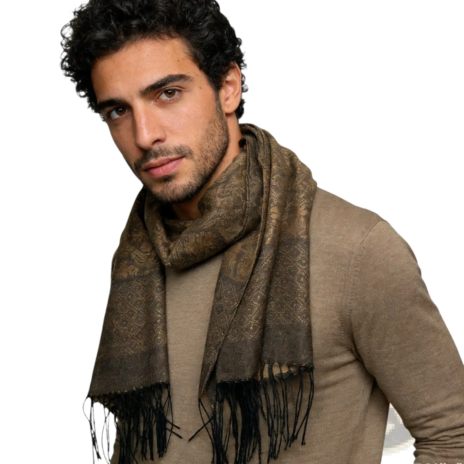 A tweed look business casual scarf for women and men in textured brown fabric with subtle pattern and black fringe