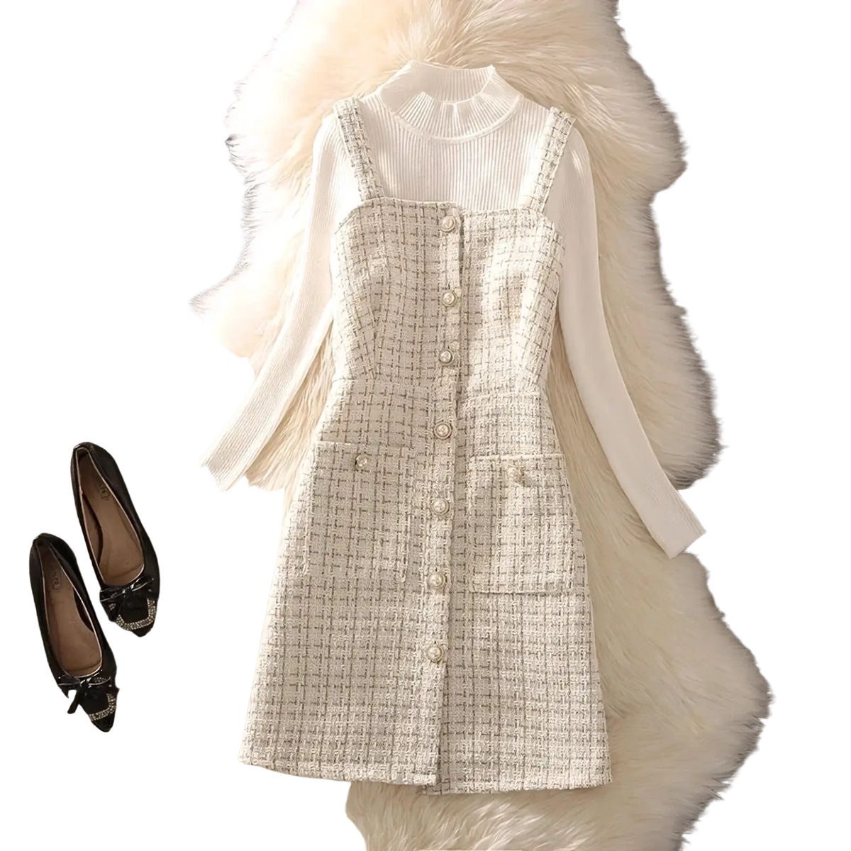 Beige tweed strap dress with pearl buttons paired with white ribbed turtleneck top in two-piece outfit set