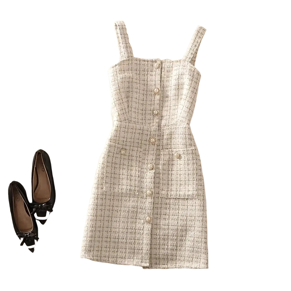 A beige and white tweed strap dress with button-front design from the tweed vest dress set turtleneck two-piece outfit