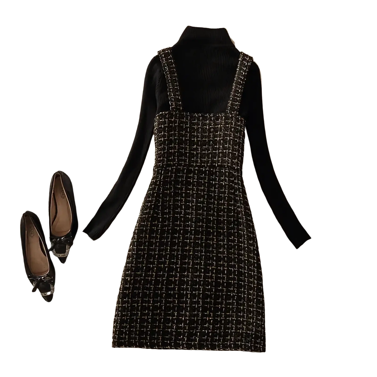 Black and silver tweed mini dress with thin straps worn over a black turtleneck in tweed vest dress set two-piece outfit