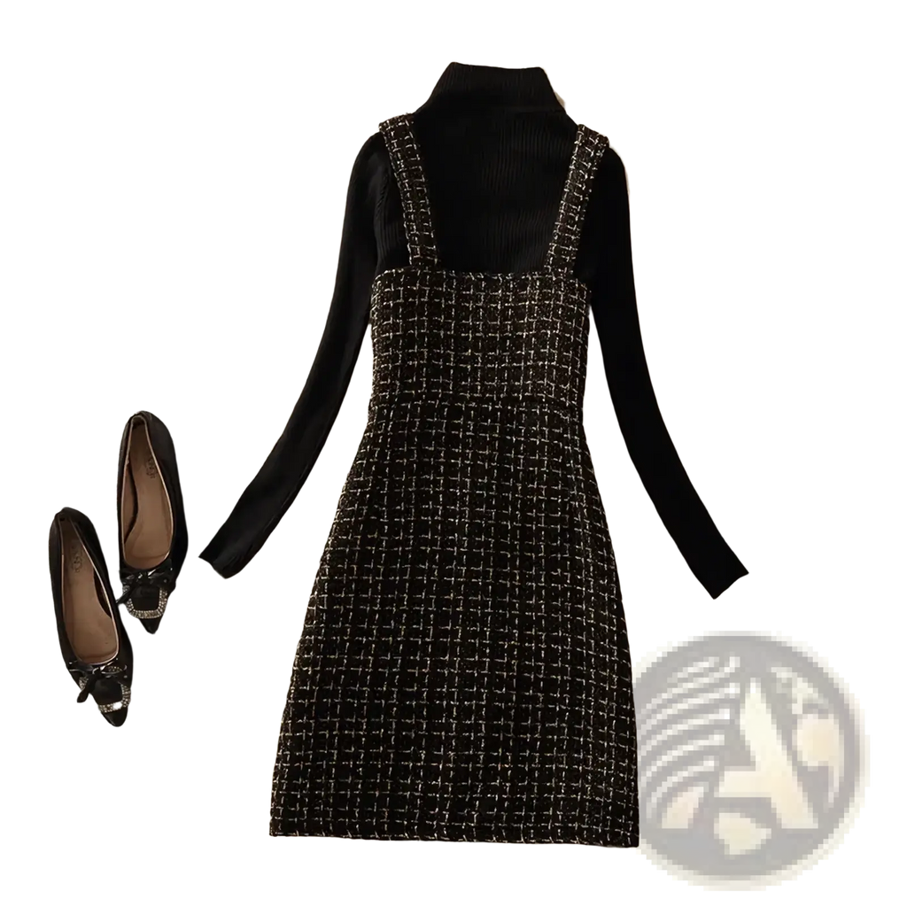 Black and silver tweed mini dress with thin straps worn over a black turtleneck in tweed vest dress set two-piece outfit