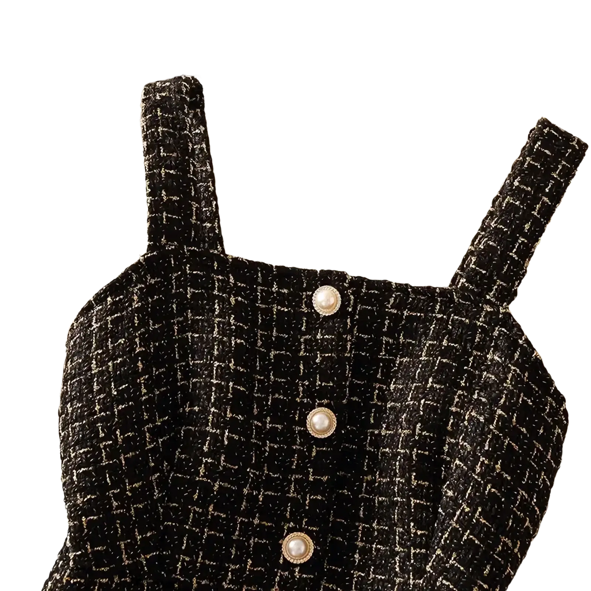 Black and white tweed strap top with pearl buttons part of tweed vest dress set turtleneck two-piece outfit