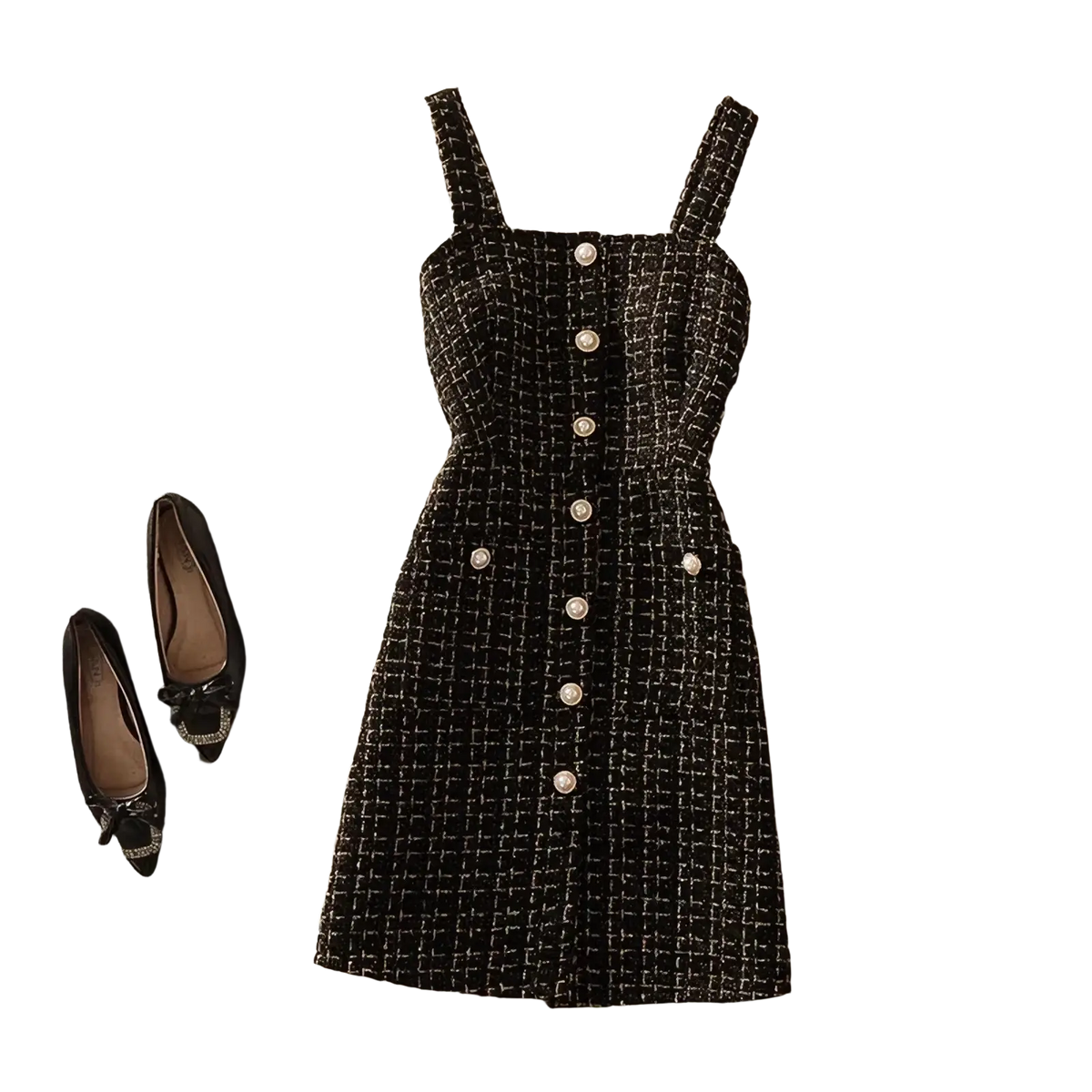 Black and white tweed mini dress with pearl buttons in tweed vest dress set turtleneck two-piece outfit