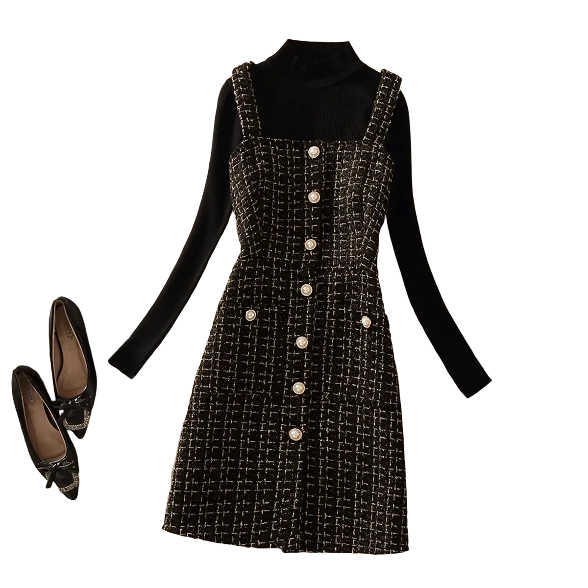 Black and white tweed mini dress with pearl buttons from tweed vest dress set turtleneck two-piece outfit front view