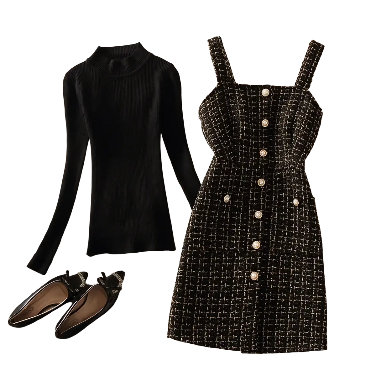 Black and white tweed strap dress with pearl buttons from tweed vest dress set turtleneck two-piece outfit