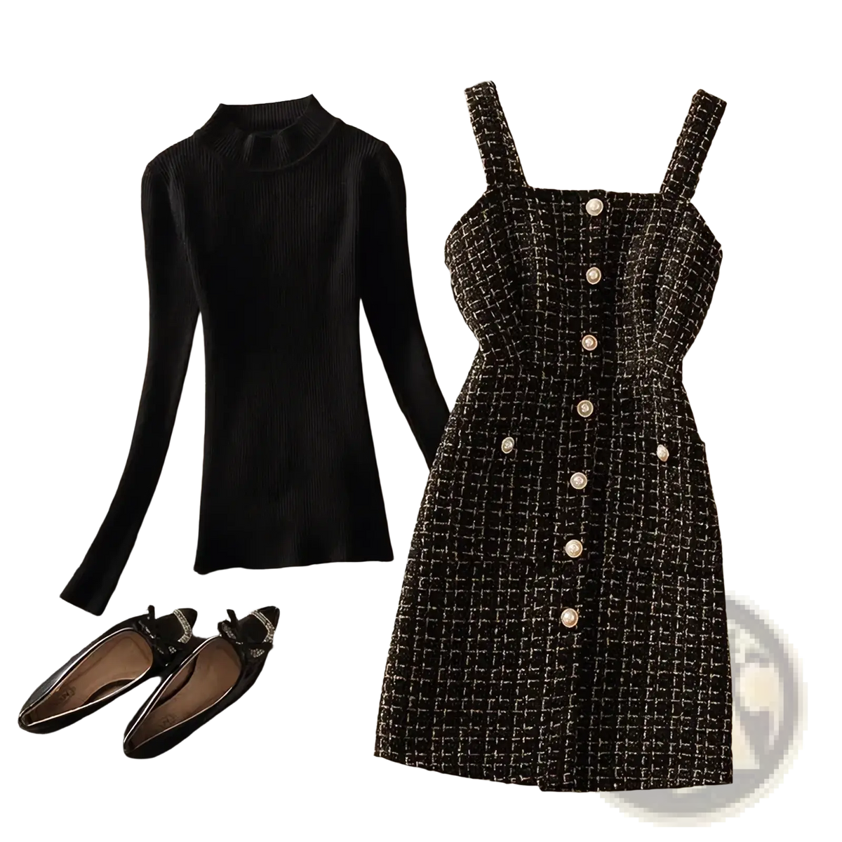 Black and white tweed strap dress with pearl buttons from tweed vest dress set turtleneck two-piece outfit