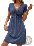Twist front v neck short sleeve midi dress in soft blue with knotted front detail and a comfortable fabric blend