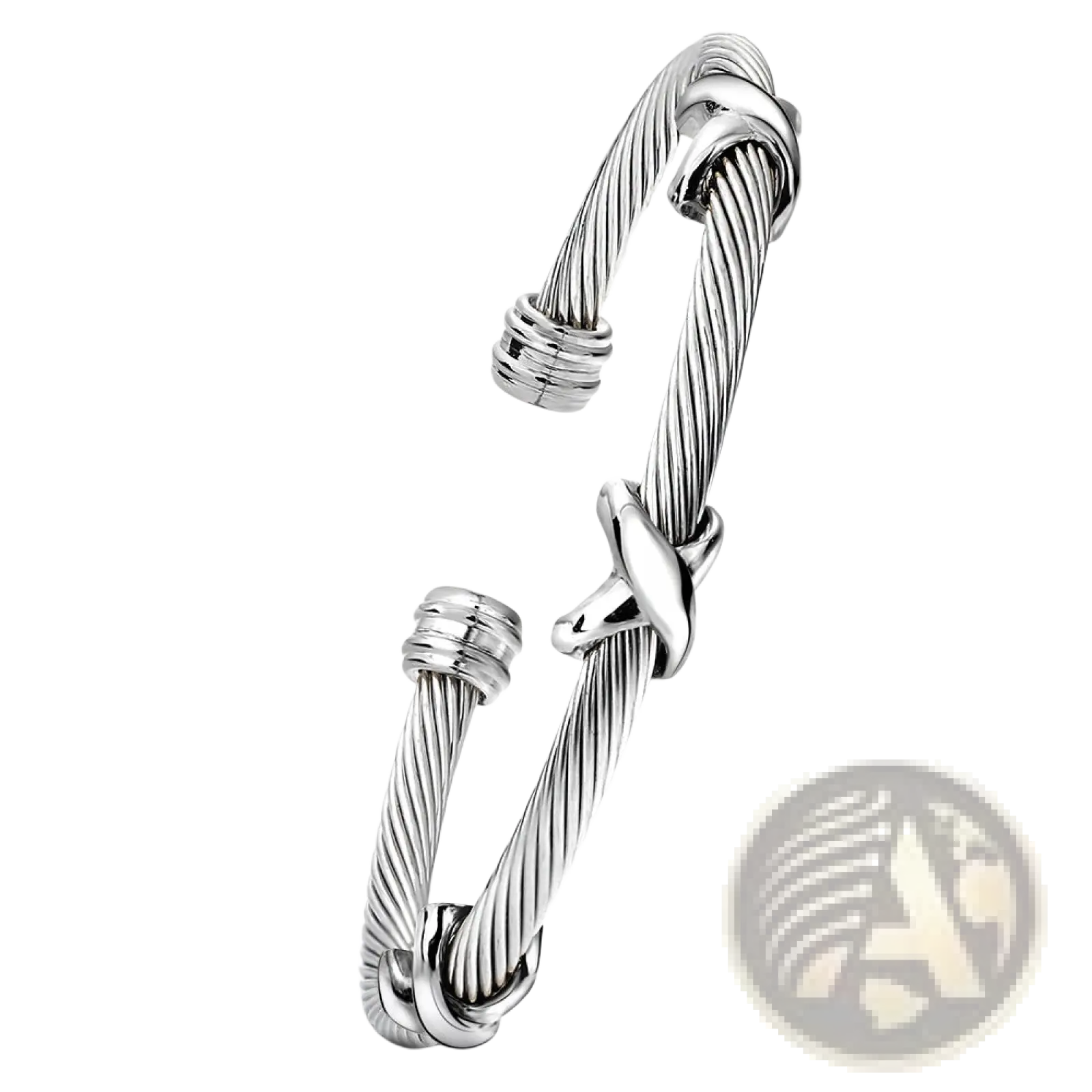 Silver twisted cable knot adjustable bracelet with polished finish made of durable titanium steel