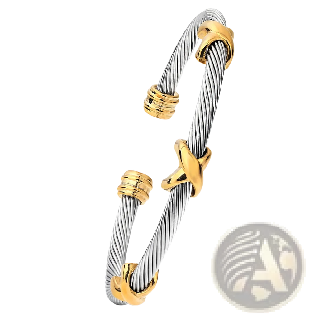 Silver and gold-toned twisted cable knot adjustable bracelet made of titanium steel with interlocking clasp