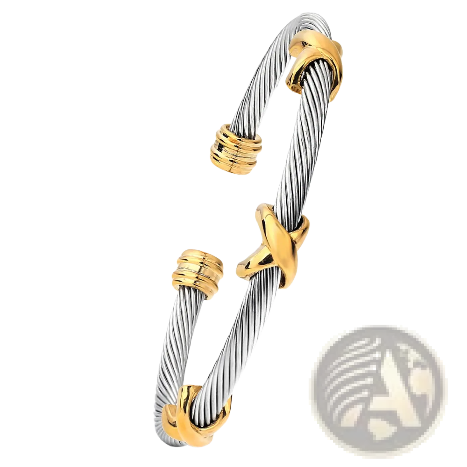 Silver and gold-toned twisted cable knot adjustable bracelet made of titanium steel with interlocking clasp