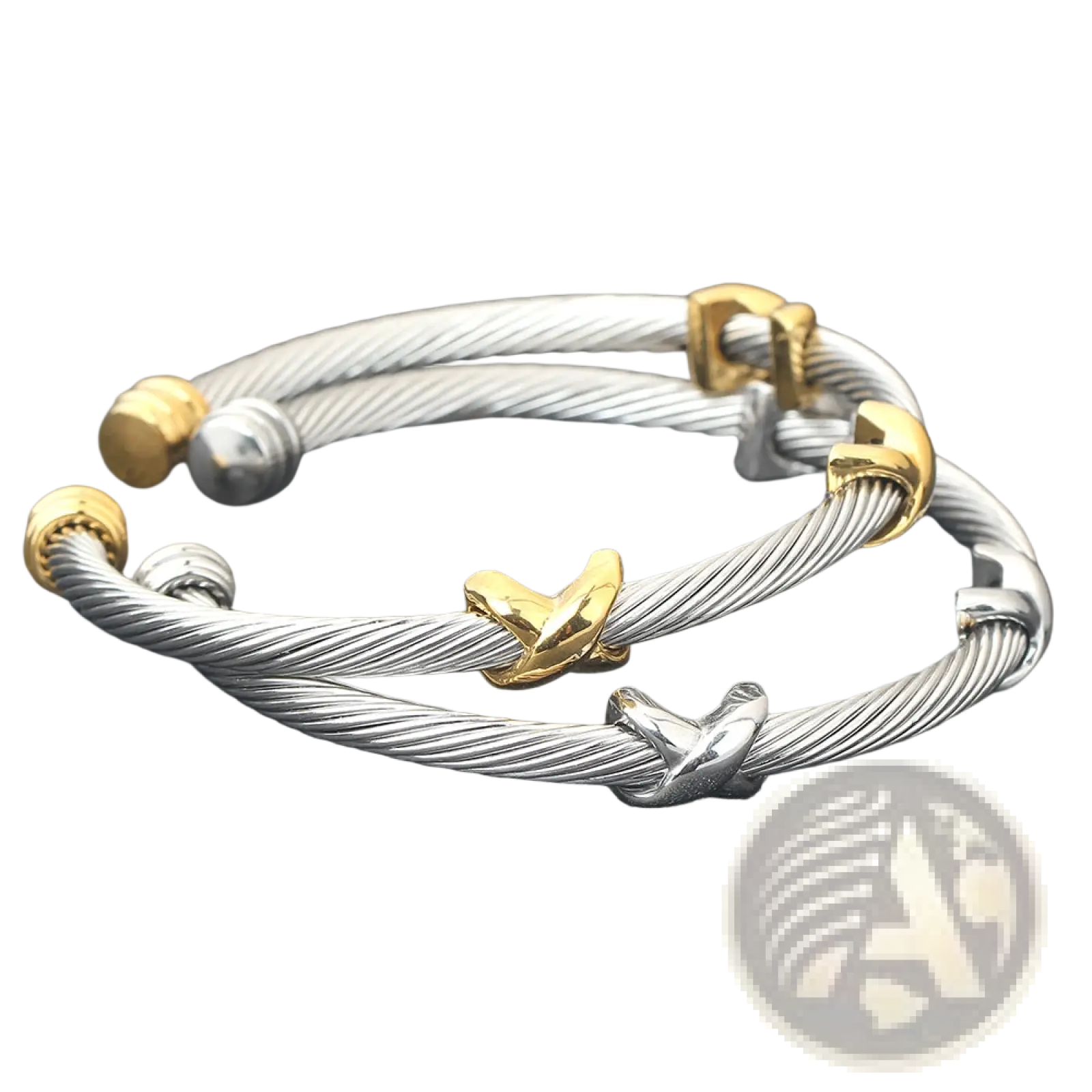 Silver and gold-toned twisted cable knot adjustable titanium steel bracelet with interlocking polished charms