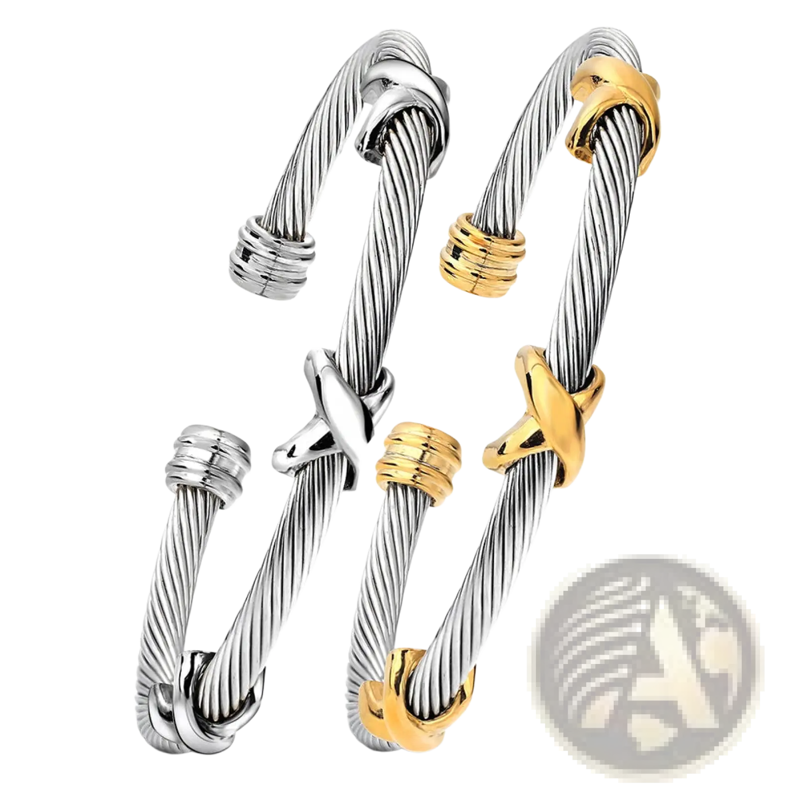 Silver and gold-toned twisted cable knot adjustable titanium steel bracelet cuffs with interlocking closures