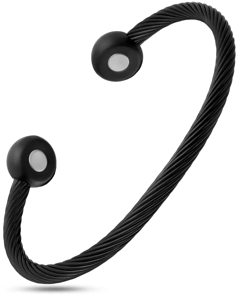 Black twisted cable magnetic bracelet with textured twisted wire design and smooth spherical ends on black band