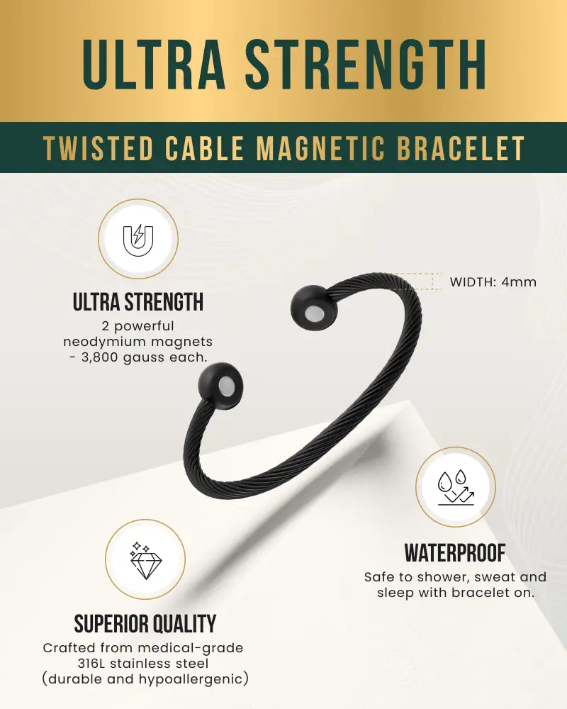 Black twisted cable magnetic bracelet with spherical ends made of medical-grade 316l stainless steel