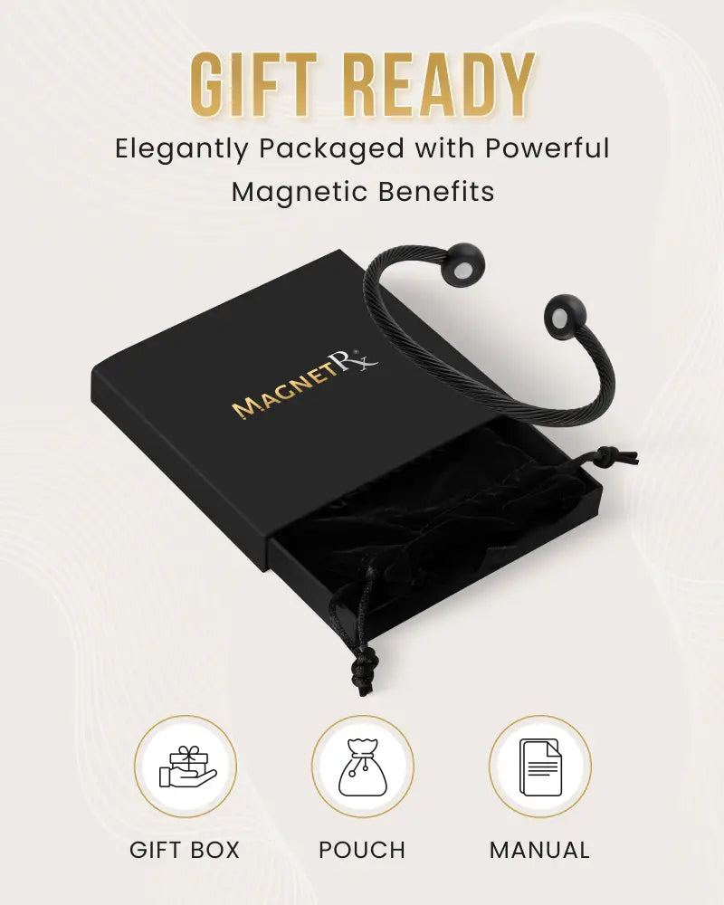 Black twisted cable magnetic bracelet with spherical ends in an elegant black gift box presentation