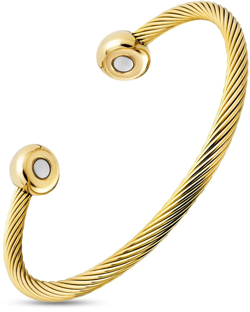 Gold twisted cable magnetic cuff bracelet with gold-toned twisted rope design and polished spherical ends with gemstones