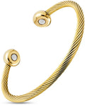 Gold twisted cable magnetic cuff bracelet with gold-toned twisted rope design and polished spherical ends with gemstones