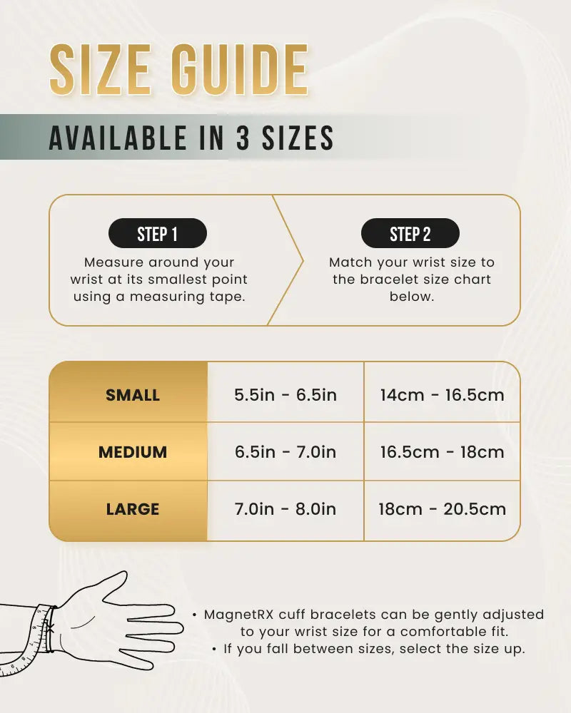 Magnetrx gold twisted cable magnetic cuff bracelet size guide chart showing small medium and large wrist measurements