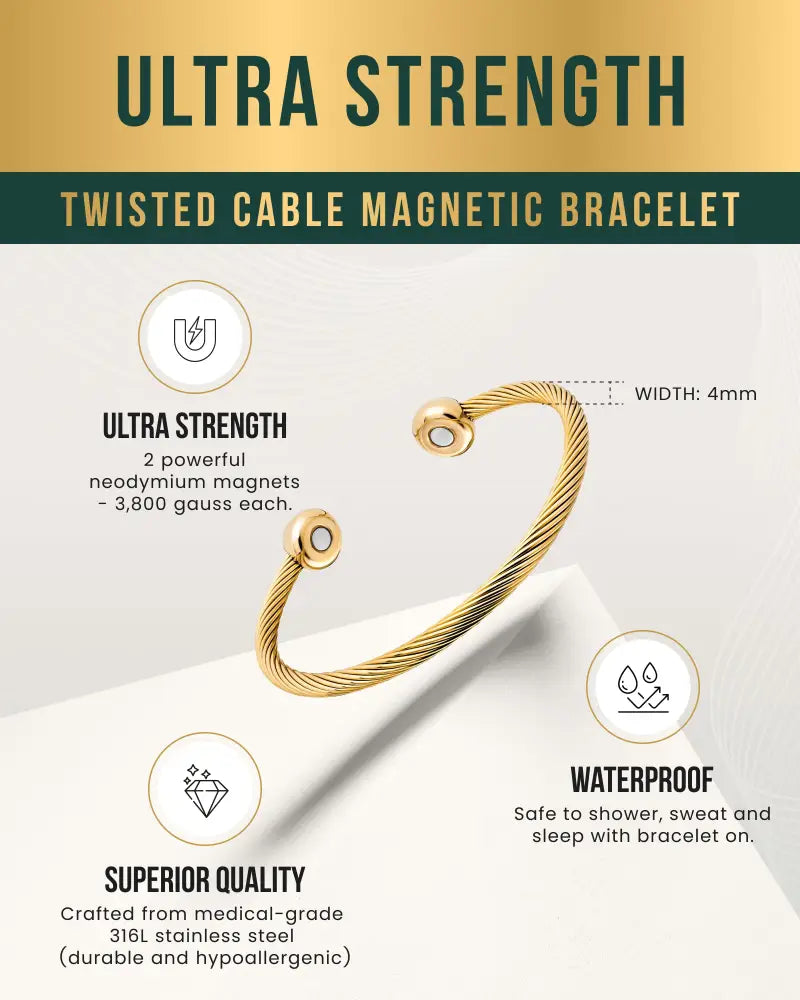Gold twisted cable magnetic cuff bracelet with powerful neodymium magnets and gemstone accents in gold color