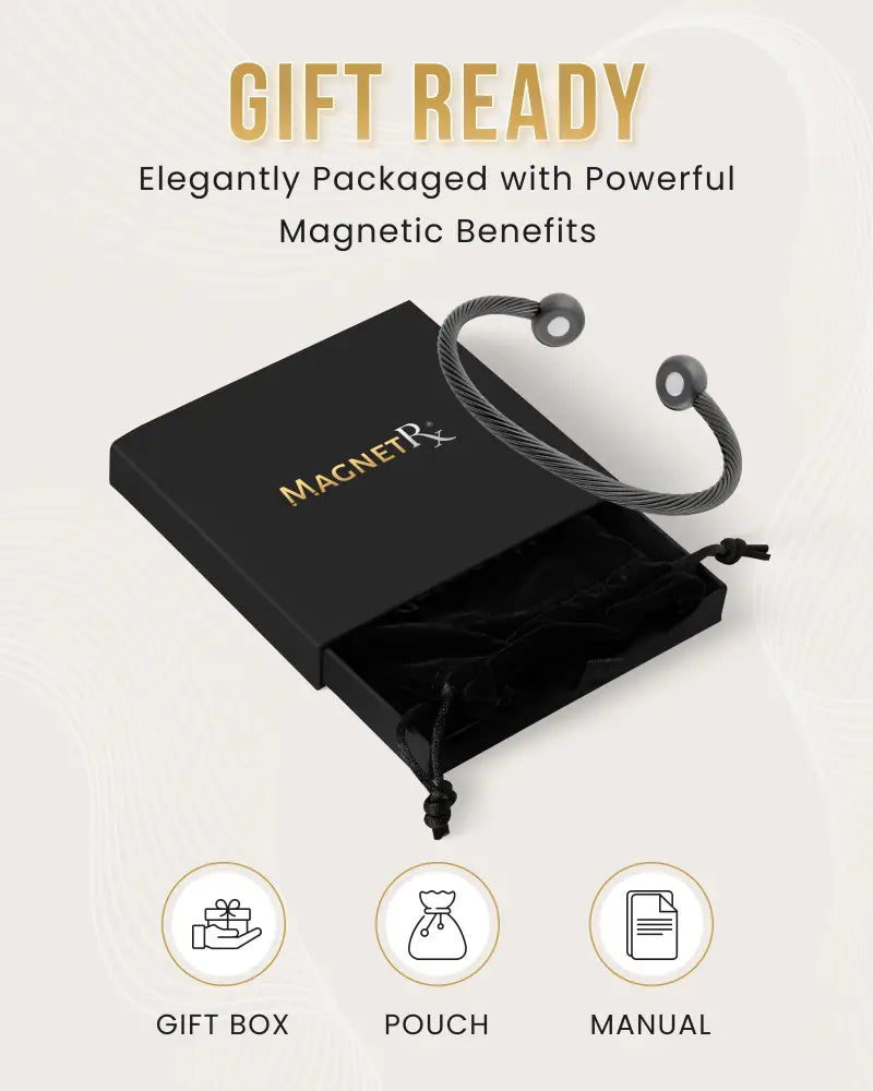 Gunmetal twisted cable neodymium magnetic cuff bracelet with circular ends in an elegant black gift box