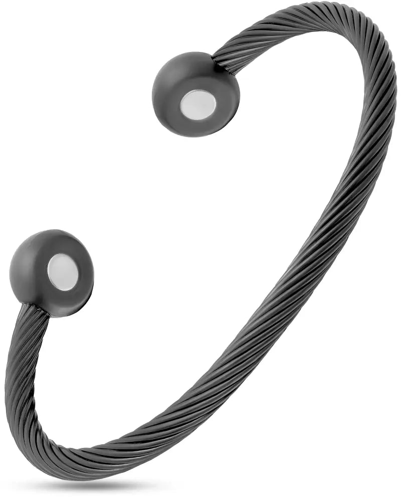 Black gunmetal twisted cable neodymium magnetic cuff bracelet with rounded ends and matte finish with indentations