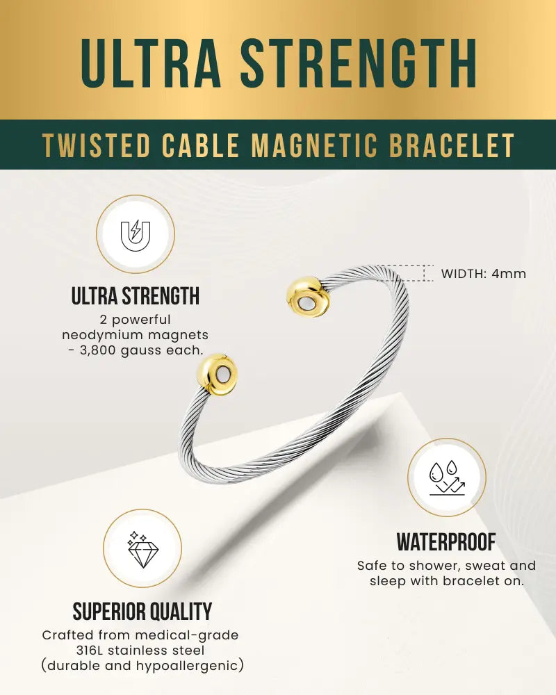 Twisted cable magnetic cuff bracelet in silver with gold-toned ends featuring two powerful neodymium magnets