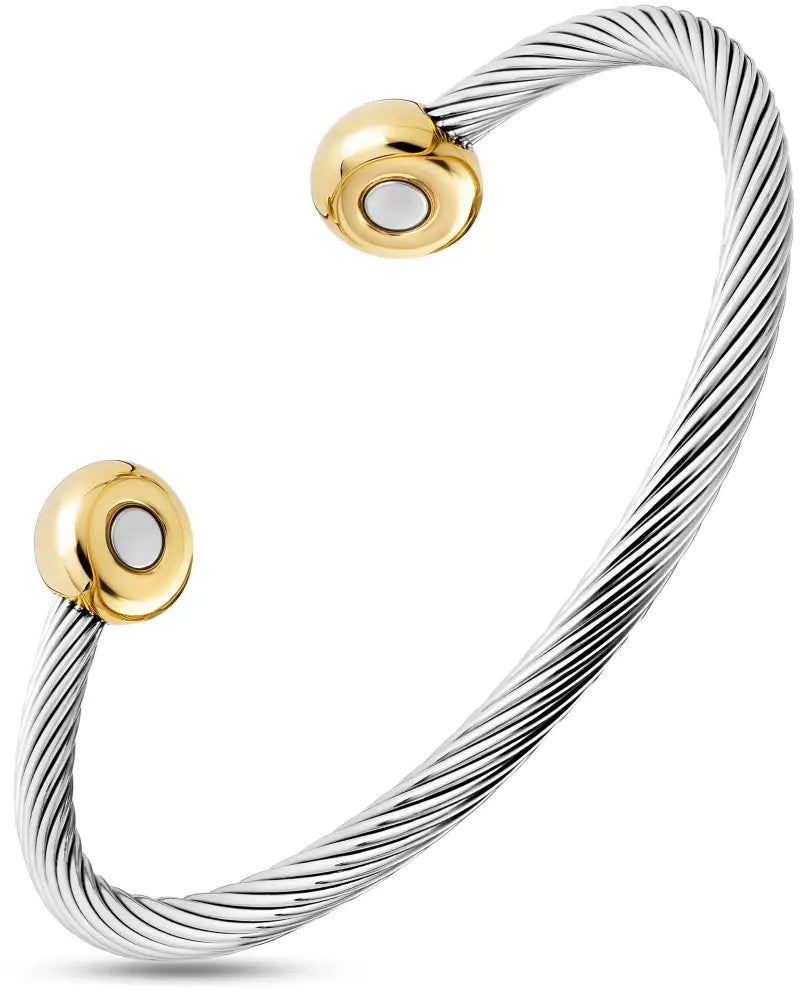 Twisted cable magnetic cuff bracelet in silver with gold-toned magnetic clasp ends for stylish wear