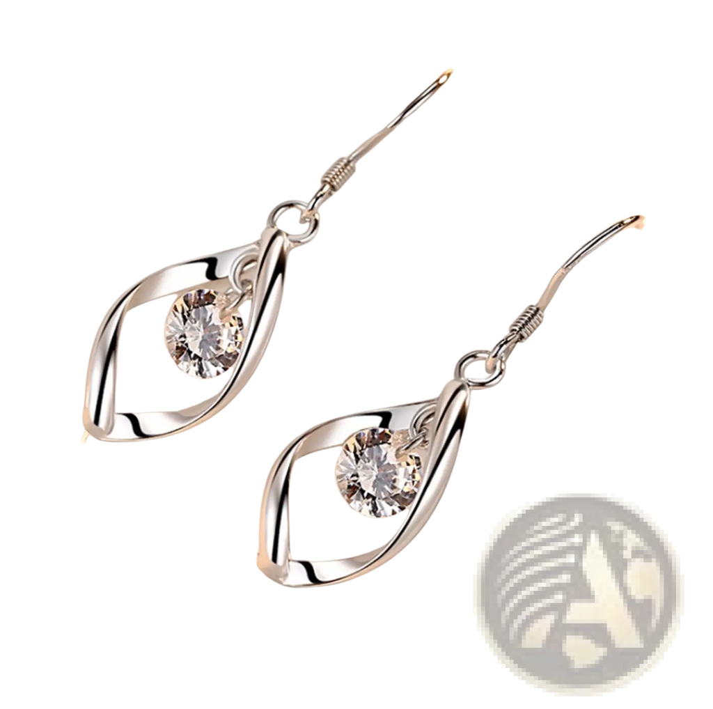 Twisted teardrop silver earrings featuring a sleek twisted design with a clear faceted crystal center