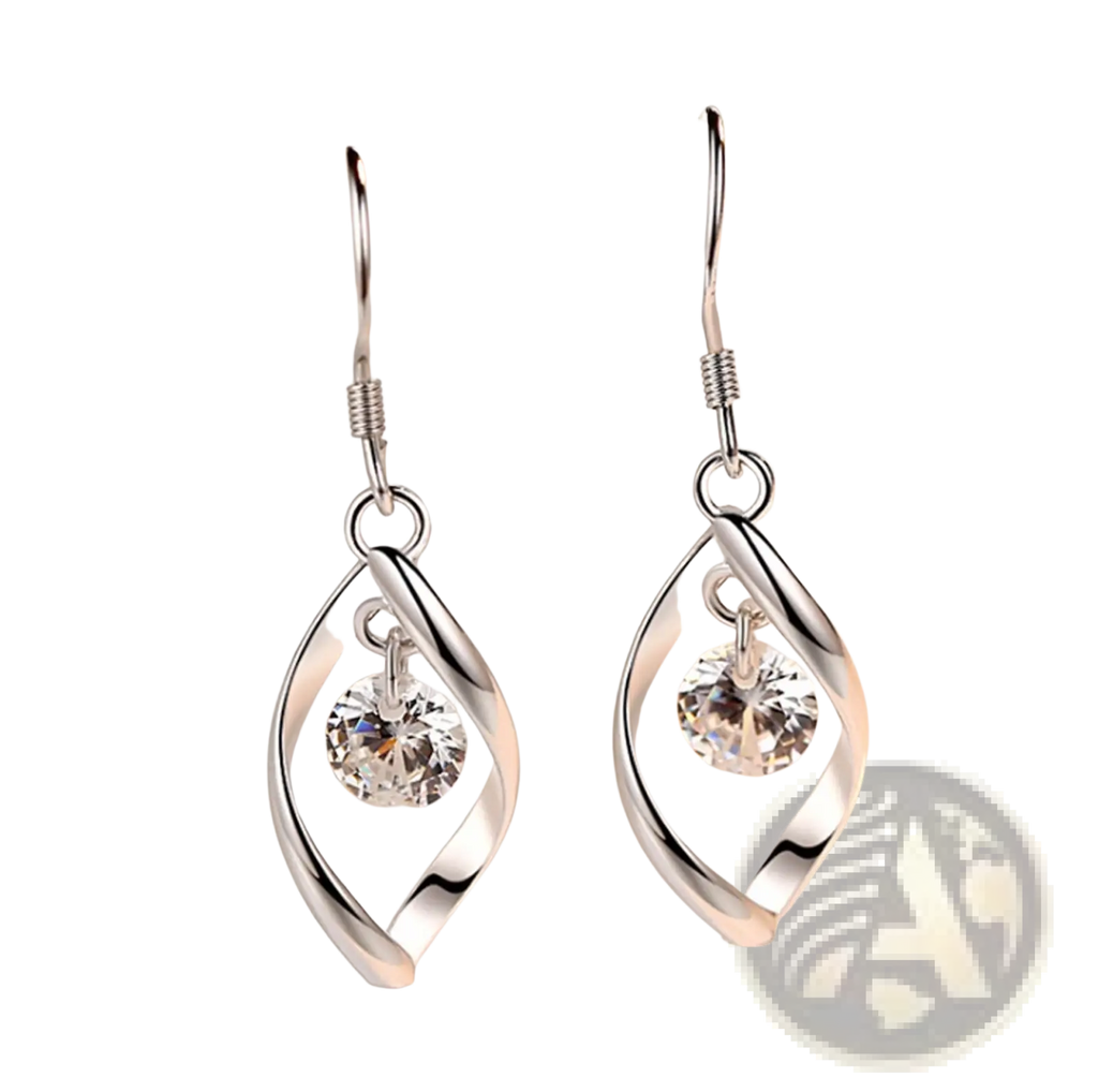 Twisted teardrop silver earrings featuring twisted wire design with a clear faceted crystal dangling center