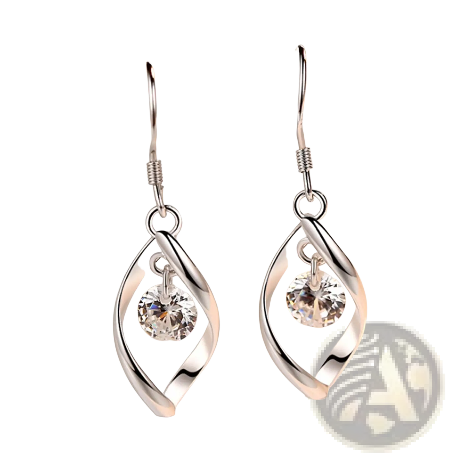 Twisted teardrop silver earrings featuring twisted wire design with a clear faceted crystal dangling center