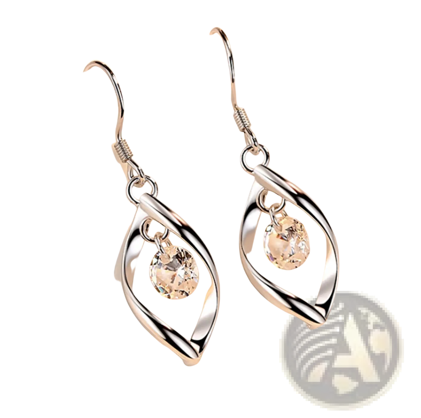 Twisted teardrop silver earrings with faceted crystal accents featuring a twisted teardrop design and clear crystals