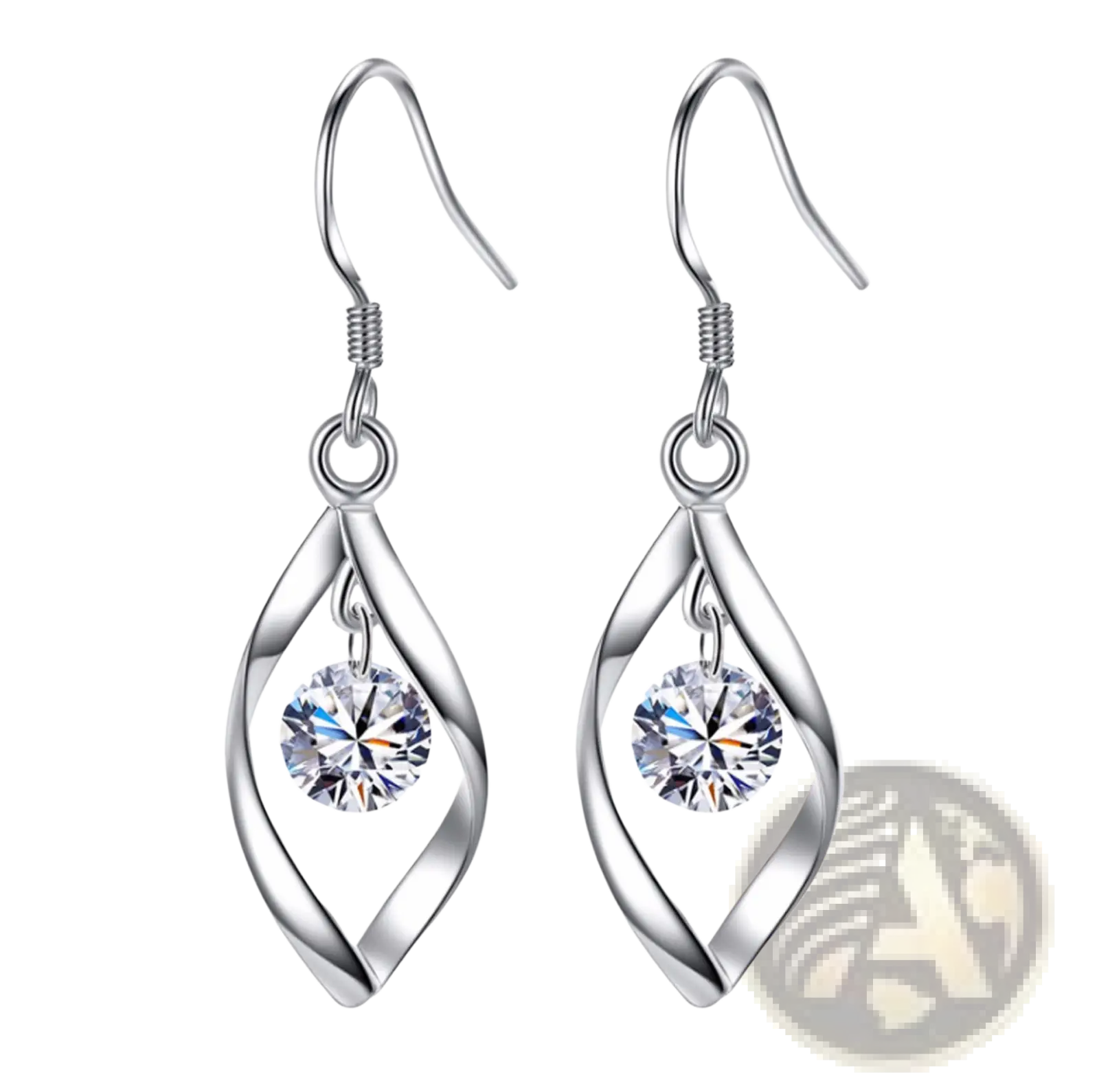 Silver teardrop-shaped earrings with twisted wire design and clear faceted crystal centerpiece