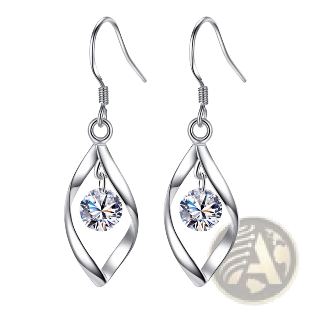 Twisted teardrop silver earrings with a twisted wire design featuring a clear faceted crystal centerpiece
