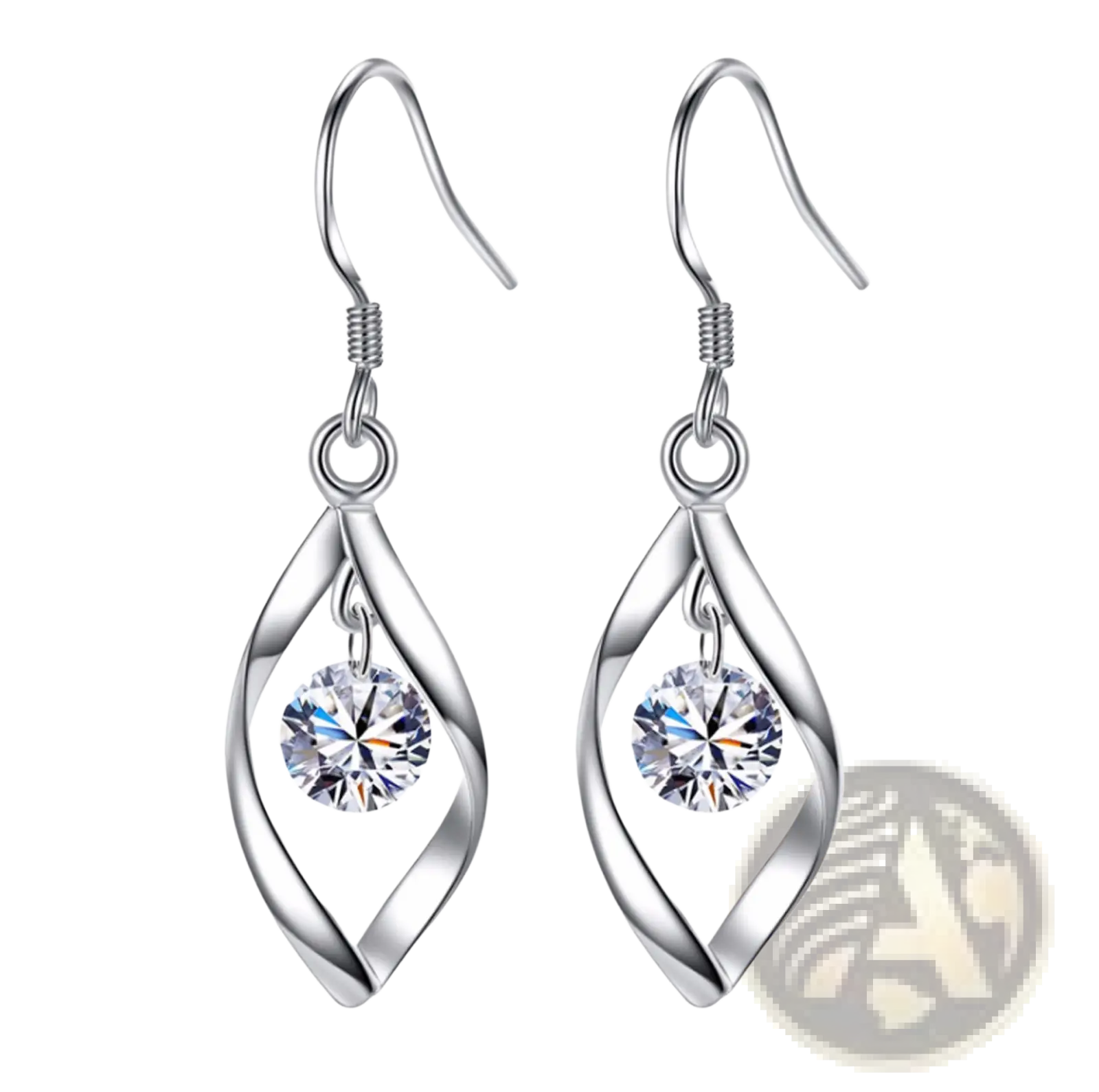 Twisted teardrop silver earrings with a twisted wire design featuring a clear faceted crystal centerpiece