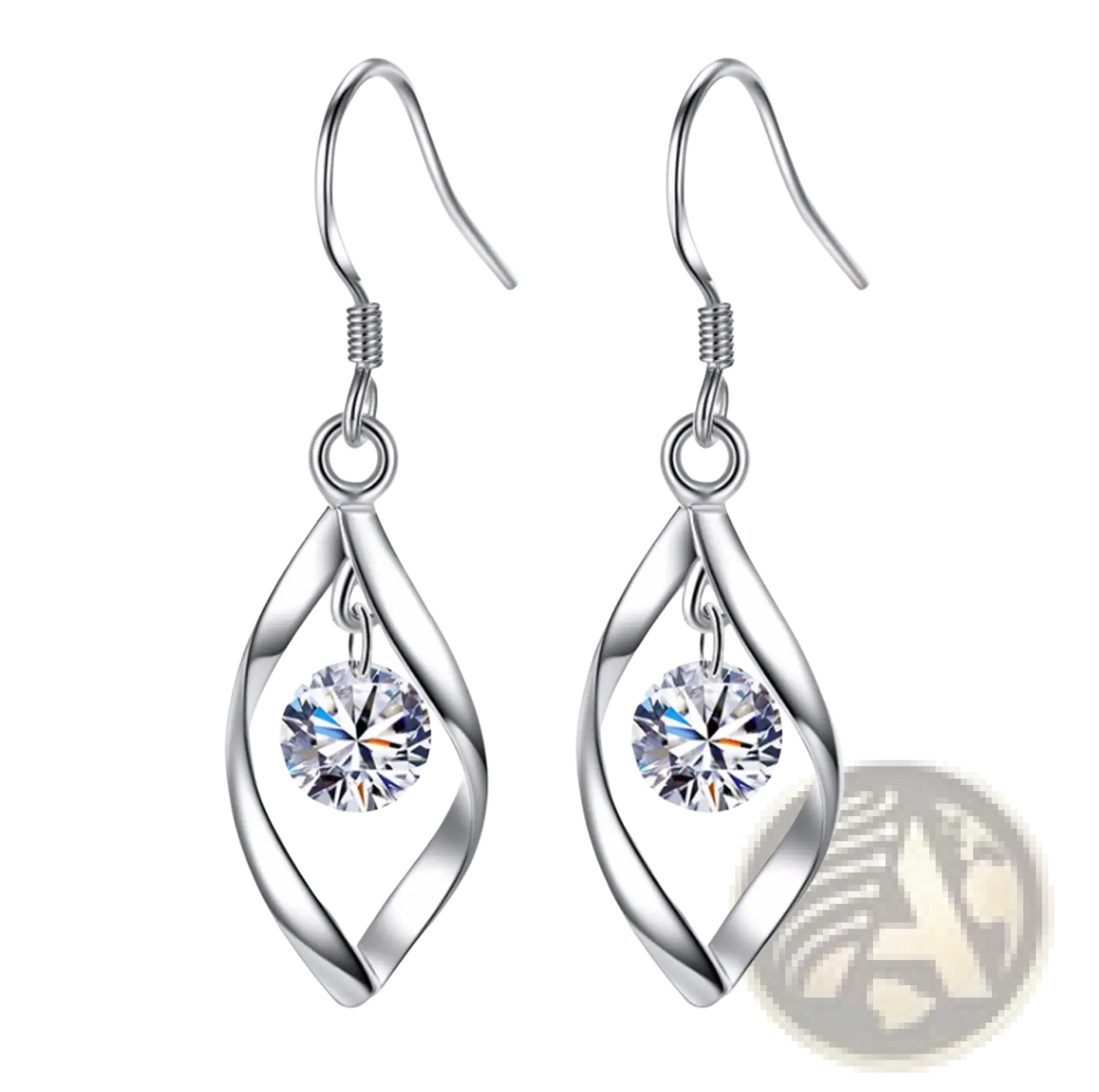 Twisted teardrop silver earrings with a twisted wire design and a dangling faceted crystal