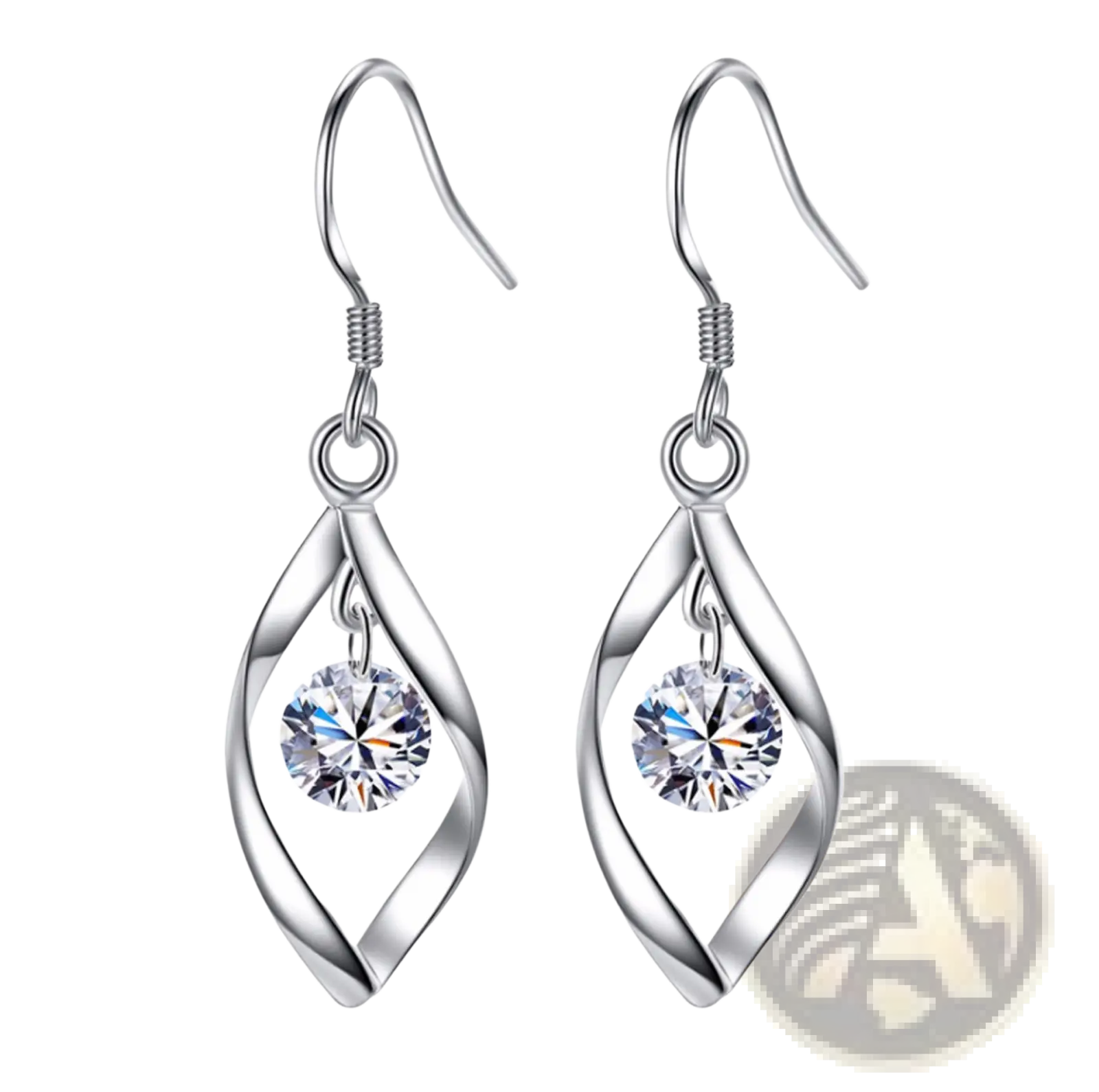 Twisted teardrop silver earrings featuring a twisted metal design with a central round faceted crystal