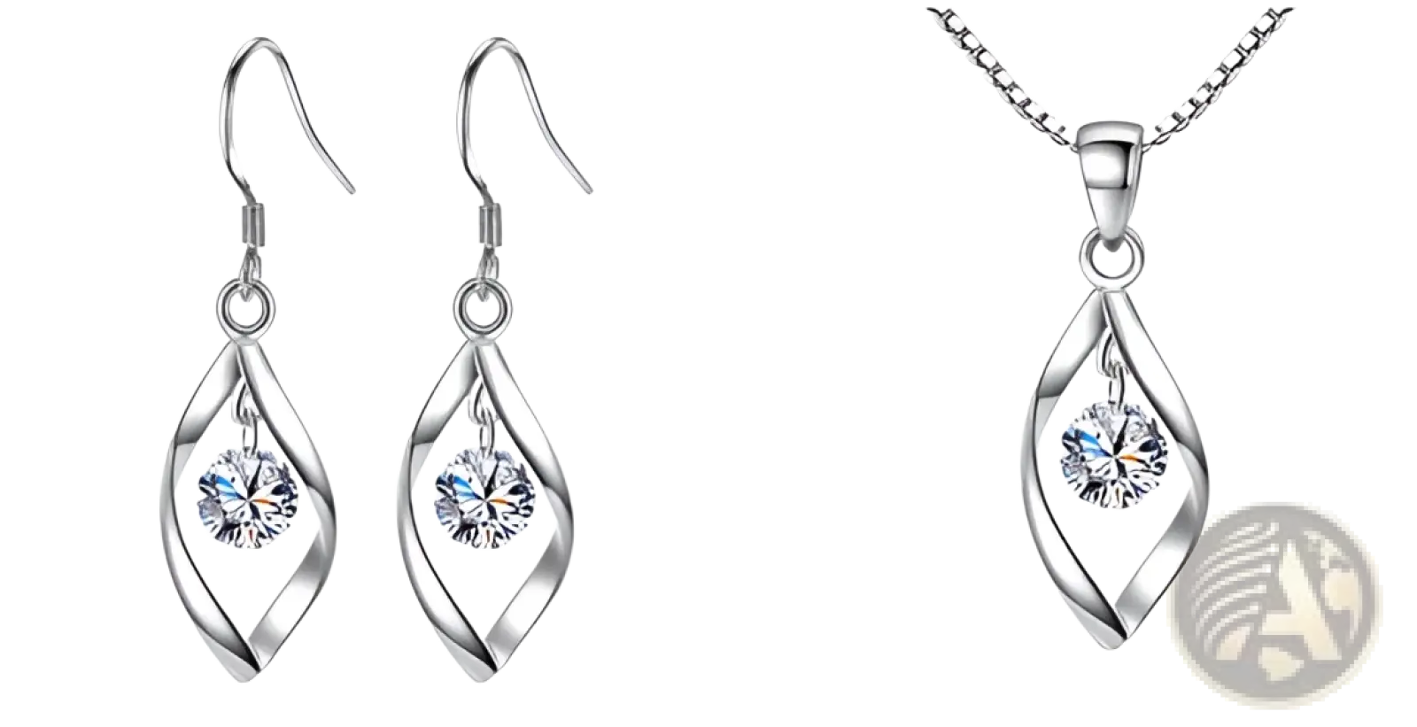 Twisted teardrop silver earrings and pendant set with faceted clear cubic zirconia stones and twisted metal design