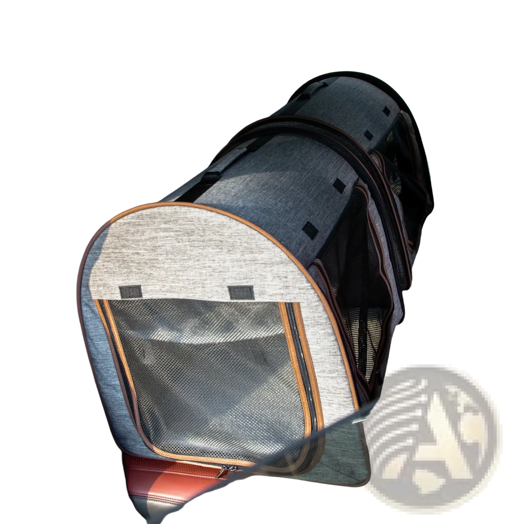 Two compartment soft pet cat carrier grey in gray and beige with mesh panels and brown trim for safe transport