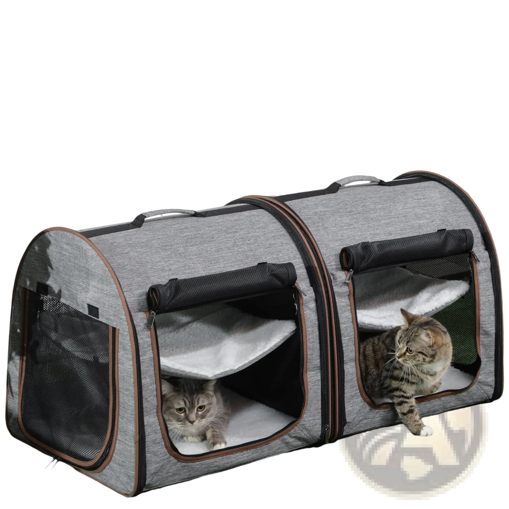 Two compartment soft pet cat carrier grey with gray and black mesh sides soft interior lining and brown trim