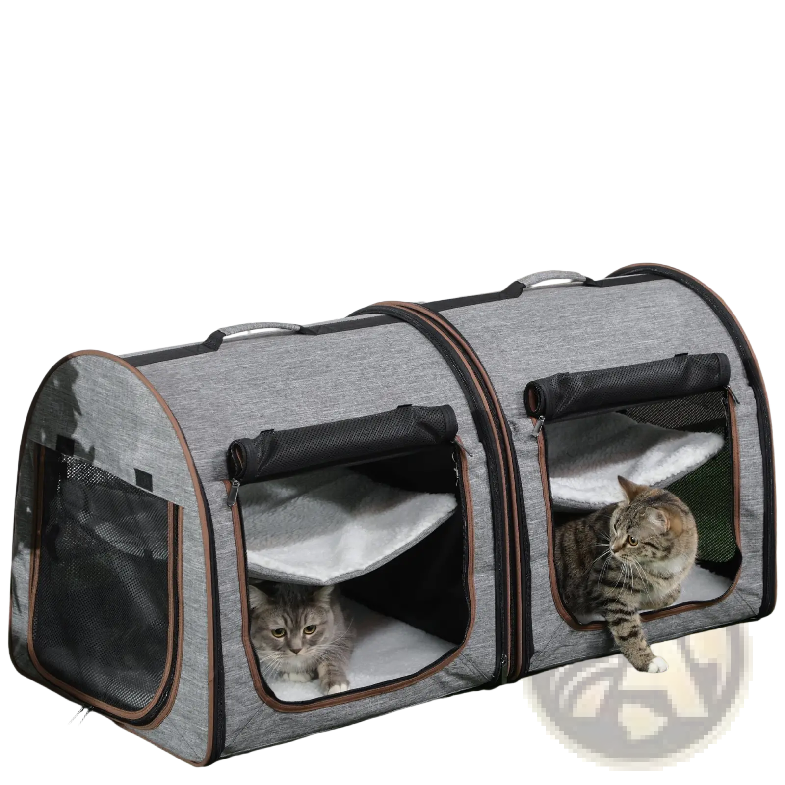Two compartment soft pet cat carrier grey with gray and black mesh sides soft interior lining and brown trim