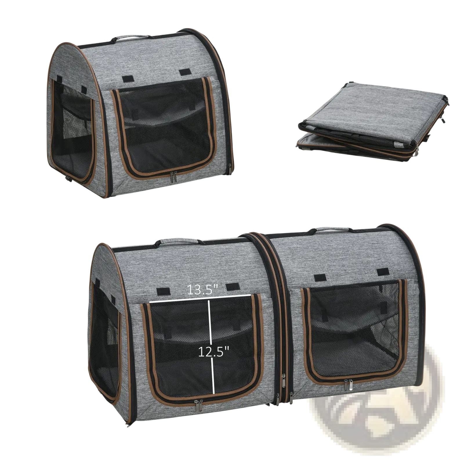 Two compartment soft pet cat carrier grey with gray and black fabric, mesh windows, zipper closures, and brown trim