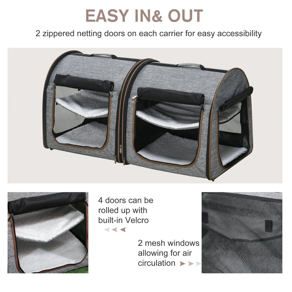Two compartment soft gray and black pet cat carrier with mesh windows zipped netting doors and built-in velcro for access