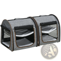 Two compartment soft pet cat carrier in grey with mesh windows, soft fleece lining, and foldable design for easy transport