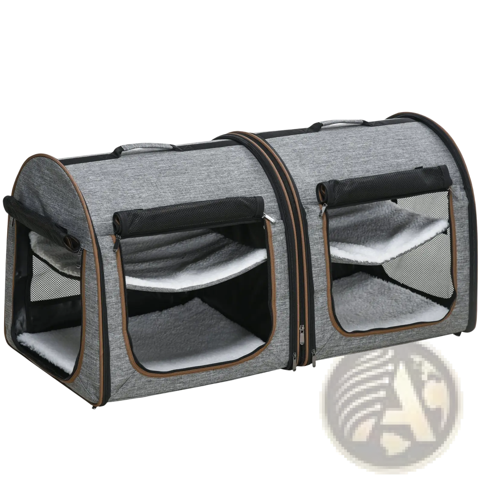 Two compartment soft pet cat carrier in grey with mesh windows, soft fleece lining, and foldable design for easy transport