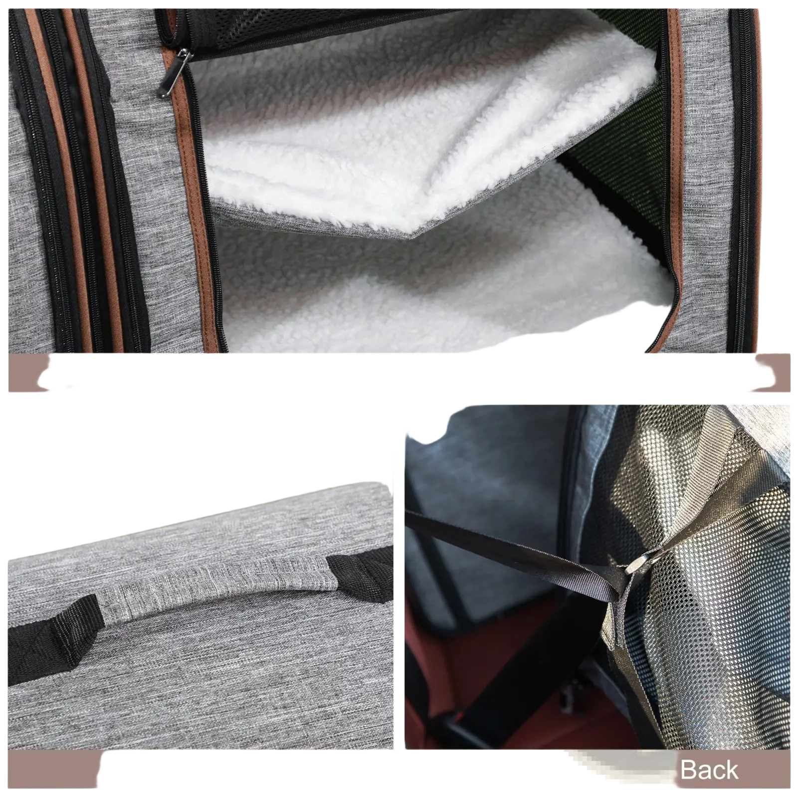 Two compartment soft pet cat carrier grey with gray textured fabric white fleece hammock cushion black zippers and brown trim