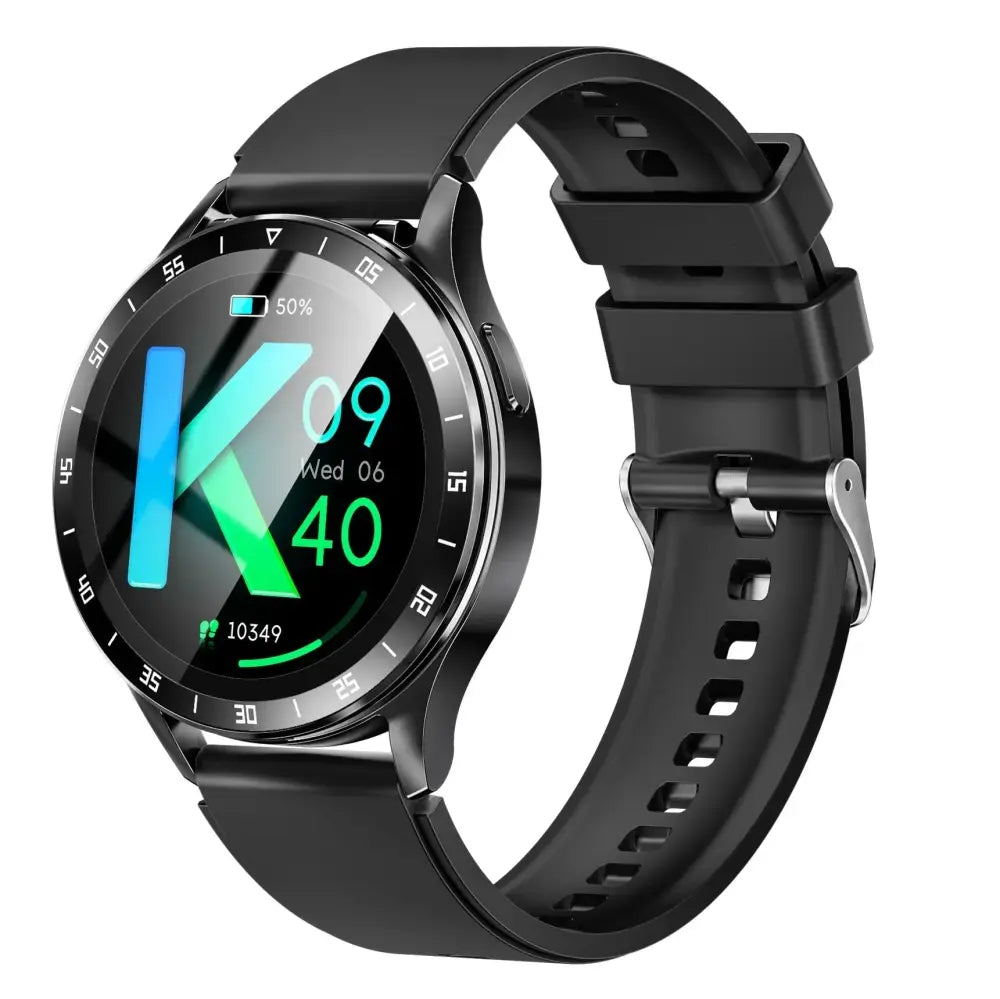 Black x10 flip smart watch with round digital display battery level metallic bezel and adjustable silicone strap
