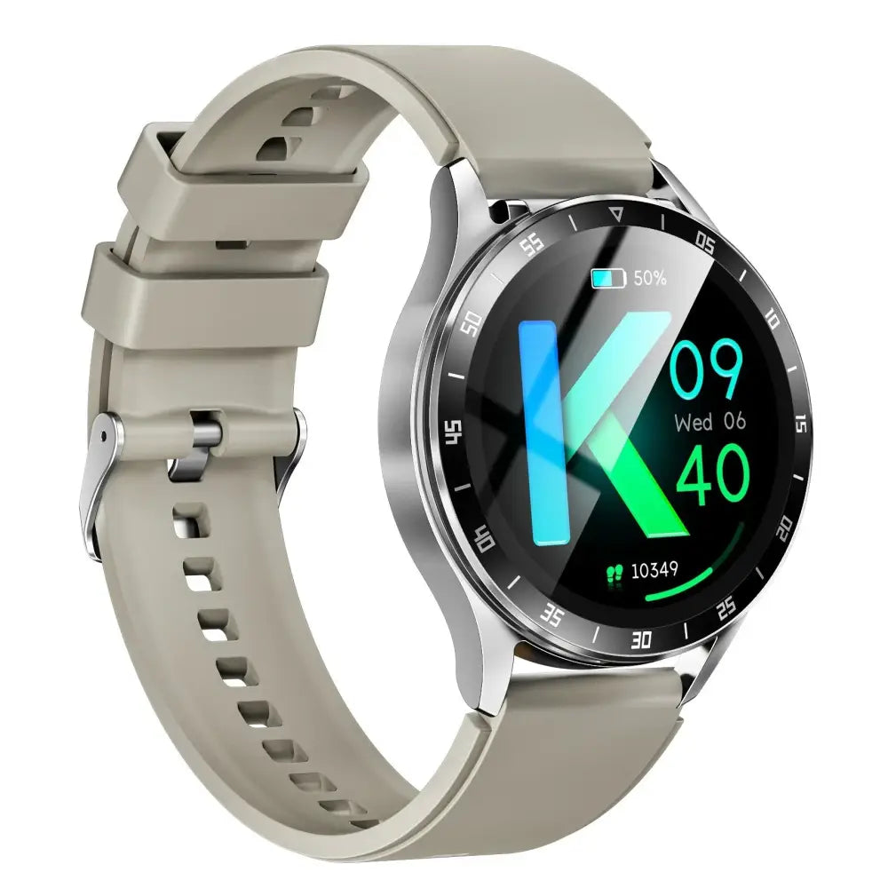 Beige silicone strap x10 flip smart watch with silver case and circular digital display showing time date battery and steps