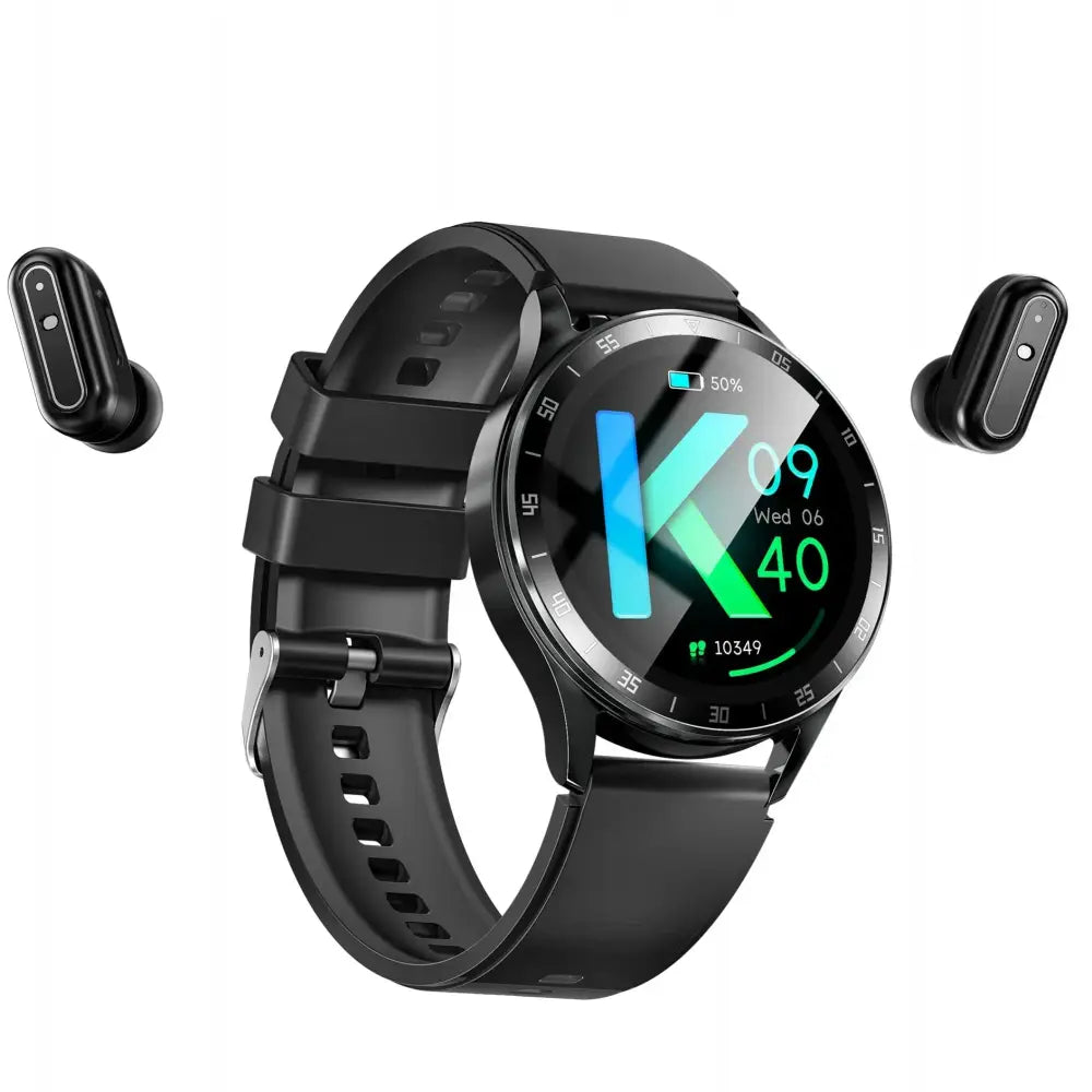 Black X10 Flip smart watch with circular touchscreen display and matching wireless Bluetooth earbuds for seamless audio