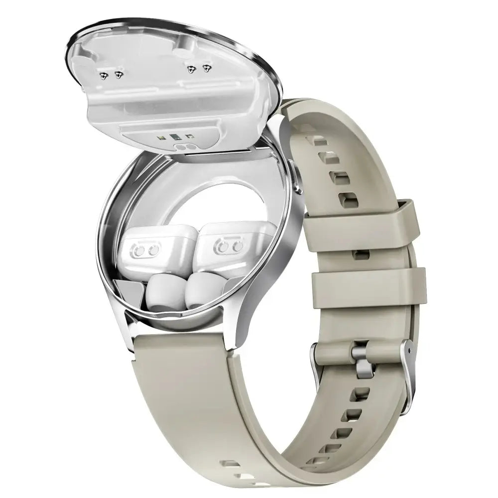 Silver-toned x10 flip smart watch with beige silicone strap and open case revealing white wireless earbuds inside