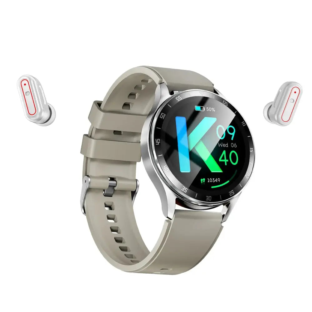 X10 Flip smart watch with beige silicone strap silver case circular touchscreen showing time date battery and steps